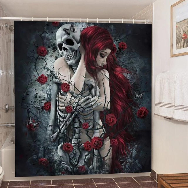 Baifenbai Home Furnishing Duschvorhang Totenkopf Gothic Design, Schwarz, B: 90 cm, H: 180 cm - Bild 1