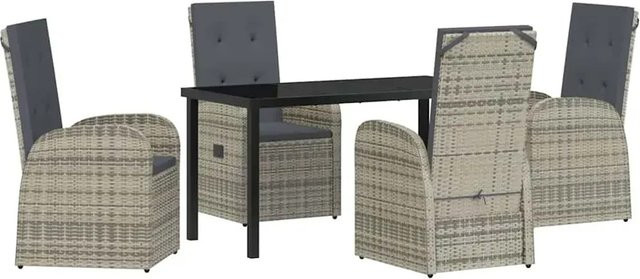 vidaXL Garten Essgruppe aus Poly-Rattan mit Kissen und Glastisch in Grau, 5-teilig - Bild 1