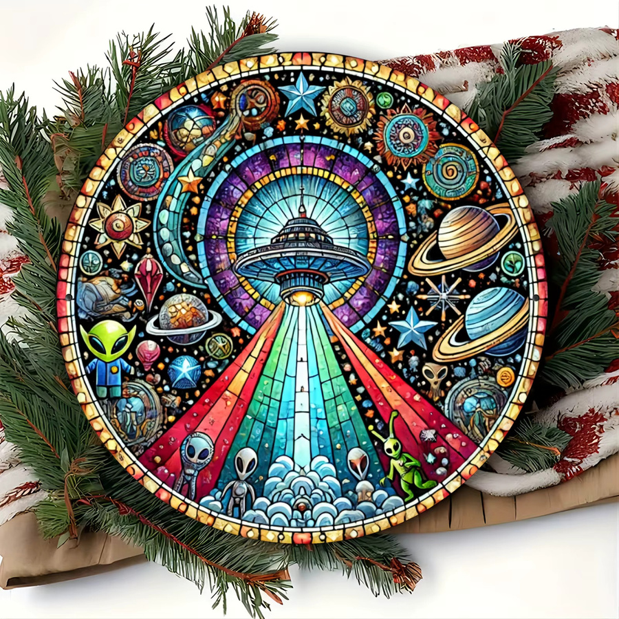 CIFBUY UFO Alien Metall-Wandkunst in bunter Glasoptik, runde Weltraum-Dekoration für dein Zuhause, Breite: 20,32 cm, Höhe: 20,32 cm - Bild 2