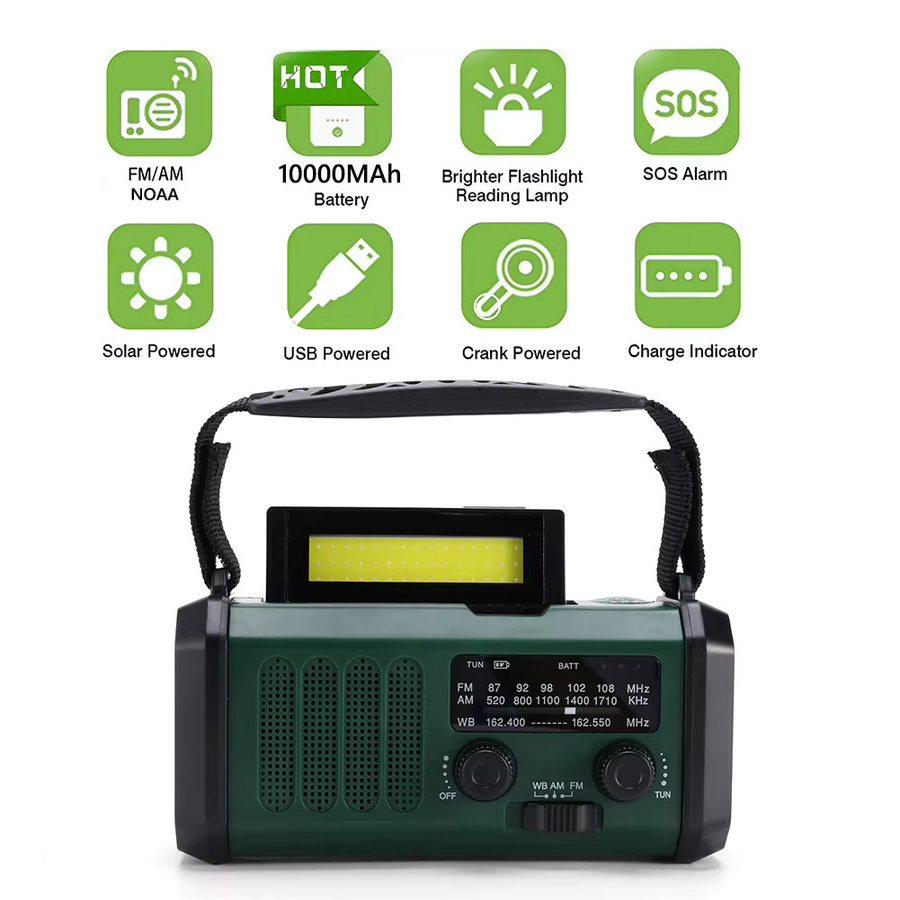 Shunmaii LED-Notfallradio in Grün mit AM/FM/WB, 10000mAh Akku, Taschenlampe, Leselampe, Handkurbel und USB-C-Ladung sowie SOS-Alarm - Bild 4