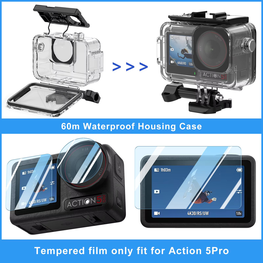DJI Zubehörpaket für Osmo Action 5 Pro, Action 4 und Action 3 in Schwarz mit wasserdichtem Gehäuse, Silikonhülle und Glas-Displayschutz - Bild 2