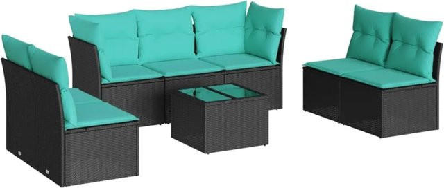 vidaXL 8-teilige Garten-Sofagarnitur in L-Form mit Polsterkissen und Couchtisch, Schwarz - Bild 1