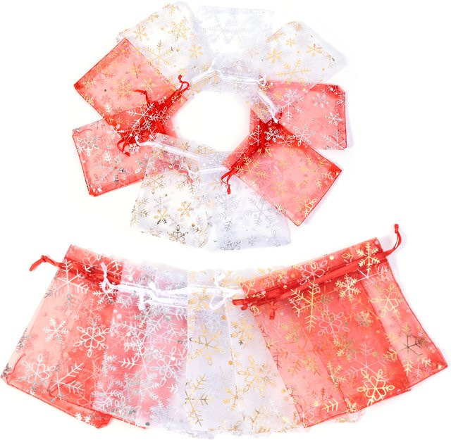 10 Stück Organza Geschenkbeutel mit Schneeflocken-Print und Kordelzug für Schmuck, Hochzeit oder Weihnachten in Weiß, Silber und Rot - Bild 1