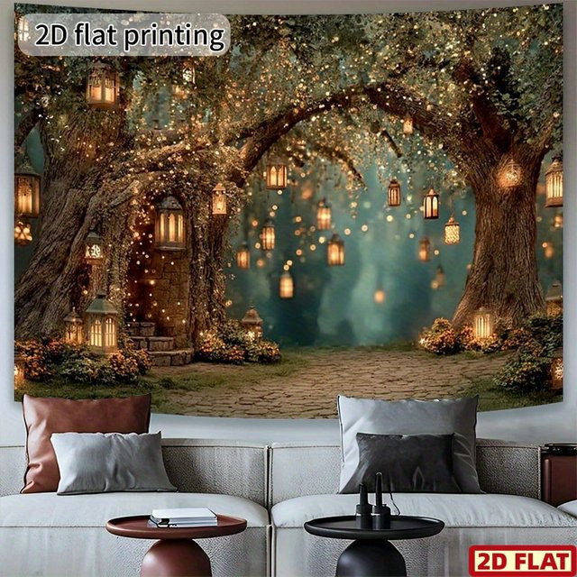 Psychedelisches Wald-Lichterkettenbanner aus Stoff mit magischem Baum-Motiv, Laternen und Blumen in Multicolor im Boho-Stil - Bild 1