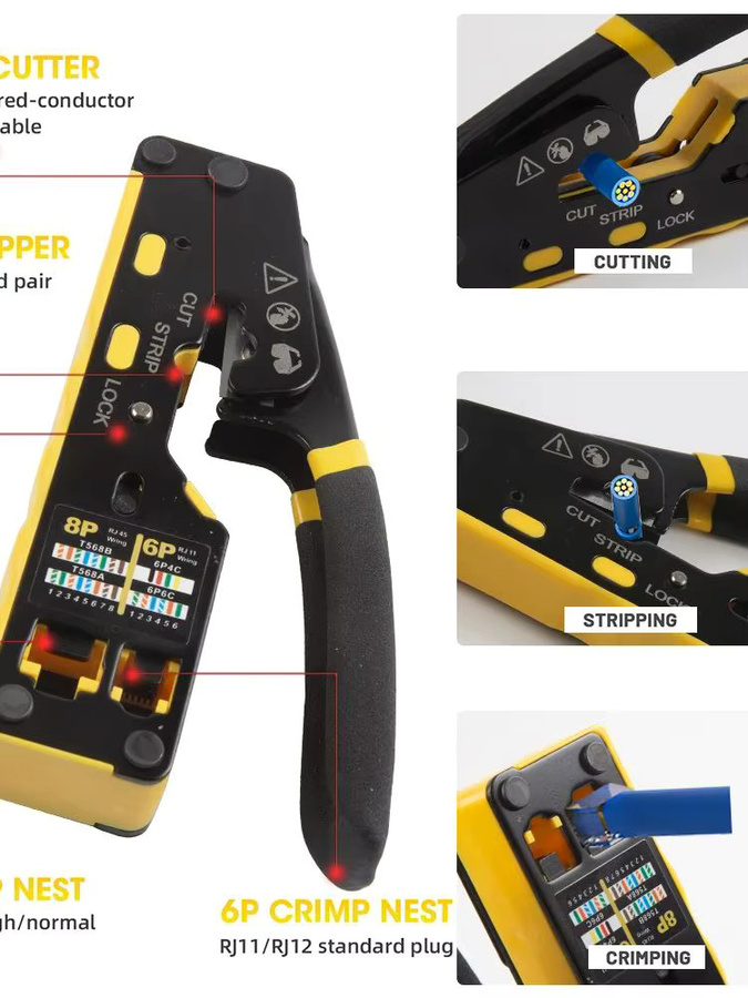 HOMEFISH 6088 Multifunktionale Crimpzange für Durchgangsverbinder 8P6P Dual-Use-Zange für RJ45-Punch-Down und RJ45-Kristallstecker in Gelb-Schwarz - Bild 6