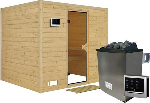 Karibu Sauna Paldiski aus Fichtenholz in Beige inklusive 9 kW Saunaofen mit externer Steuerung für 4 Personen, B/T/H: 236 x 184 x 209 cm - Bild 1
