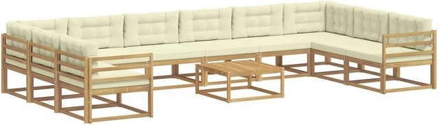 vidaXL Outdoor-Sofagarnitur aus Akazienholz in U-Form mit 11 Kissen in Weiß und Beige - Bild 1