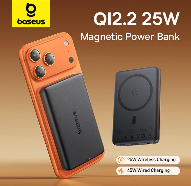 Baseus Qi2.2 Magnetische Powerbank 10000mAh mit 25W Kabellosem Laden und 45W PD USB-C, Schwarz - Bild 1