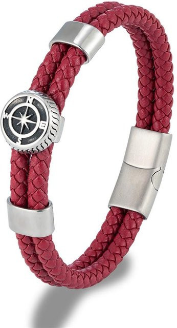 Armband geflochtenes Leder, Edelstahl, Kompass Charms, Blau Rot, Unisex, 21cm - Bild 1