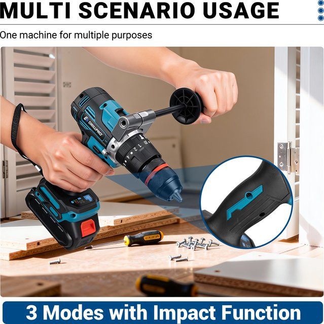 Drillpro Bürstenloser elektrischer Schlagbohrer in Blau mit 650 Nm und 13 mm Bohrfutter, kompatibel mit Makita LXT Akkus - Bild 1