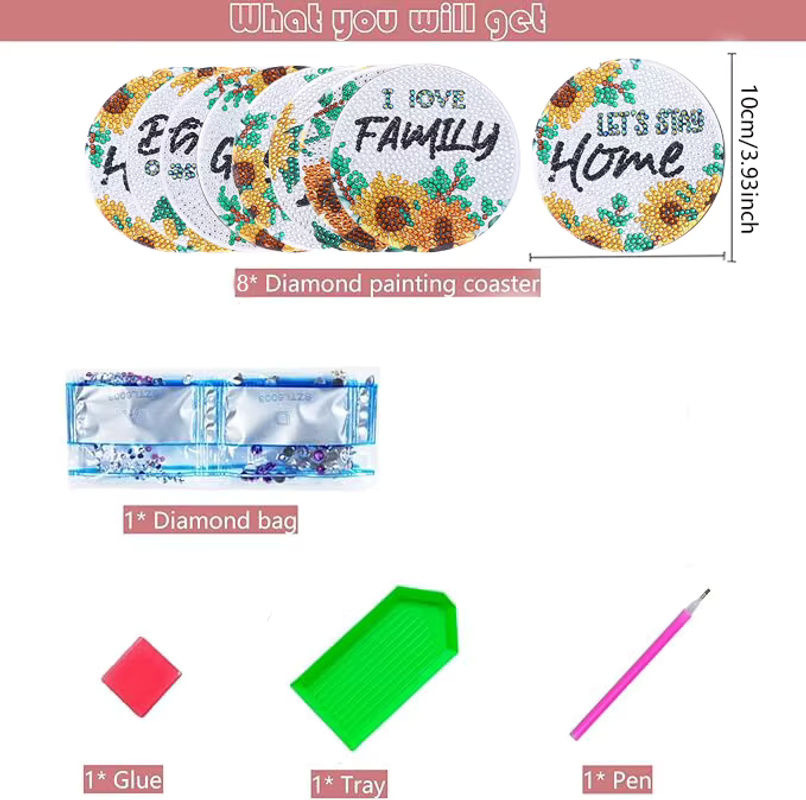 8-teiliges DIY-Diamant-Malerei-Kunstset mit floralem Buchstabenmuster und mehrfarbigen Kristall-Mosaik-Untersetzern aus Kunststoff - Bild 2