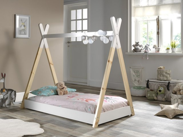 Vipack Tipi Kinderbett aus massiver Kiefer mit Matratze und Rolllattenrost, Farbe Weiß/Natur, Liegefläche B: 70 cm, L: 140 cm - Bild 1