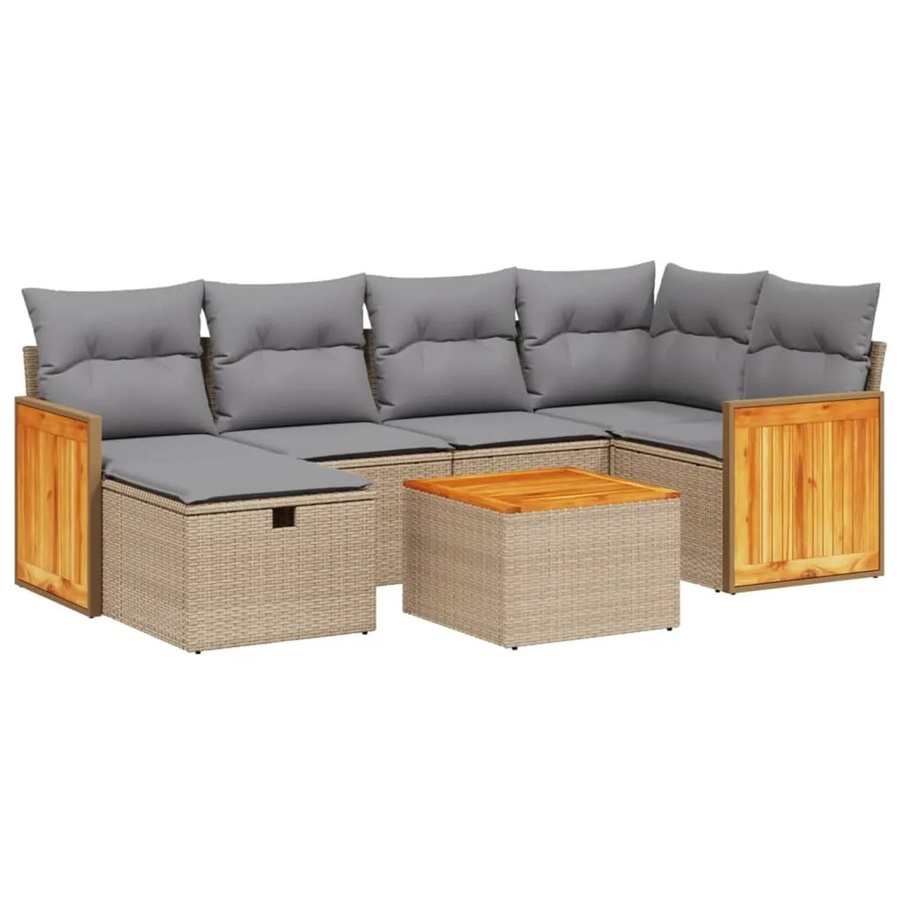 vidaXL 7-tlg Garten-Sofagarnitur aus Poly Rattan in Beige mit Kissen und L-Form für Terrasse und Garten - Bild 2