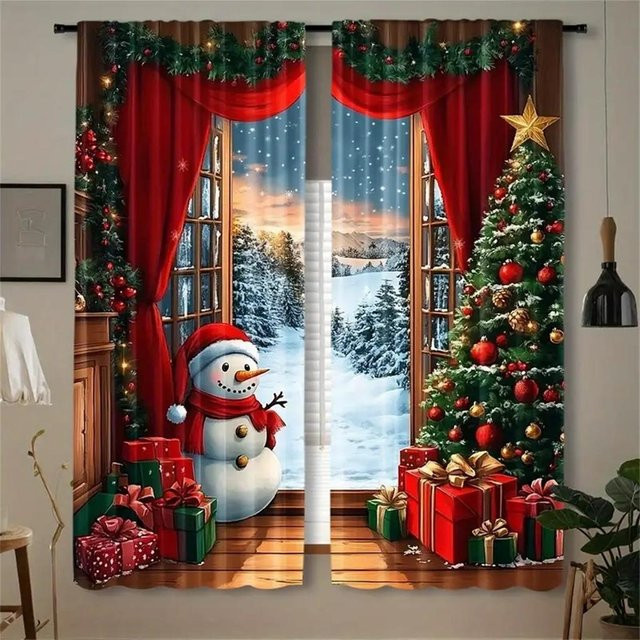 2-teiliges Set Weihnachtsvorhänge mit Weihnachtsmann-Motiv aus Polyester, halbtransparent, mehrfarbig, Breite: 65 cm, Höhe: 60 cm - Bild 1