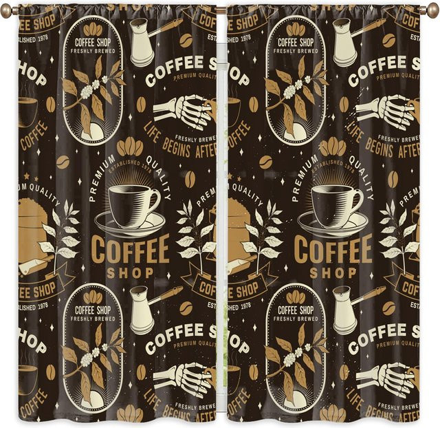 2er-Set Yiran Furniture Café-Vorhänge im Vintage-Stil mit Kaffee-Print, Schwarz, halbtransparent, mit Ösen, Breite: 100 cm, Höhe: 130 cm - Bild 1