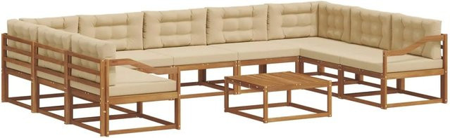 vidaXL Outdoor-Sofagarnitur aus massivem Akazienholz in L-Form, 10-teiliges Set in Natur und Beige mit wetterfesten Kissen - Bild 1