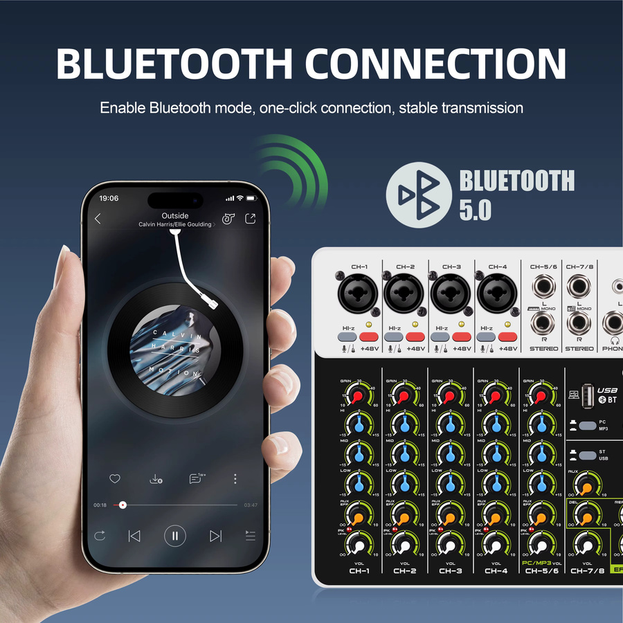 Debra V4/V8 Audio Interface Mixer mit Bluetooth 5.0, Phantomspeisung und Delay-Replay-Effekten in Weiß - Bild 4