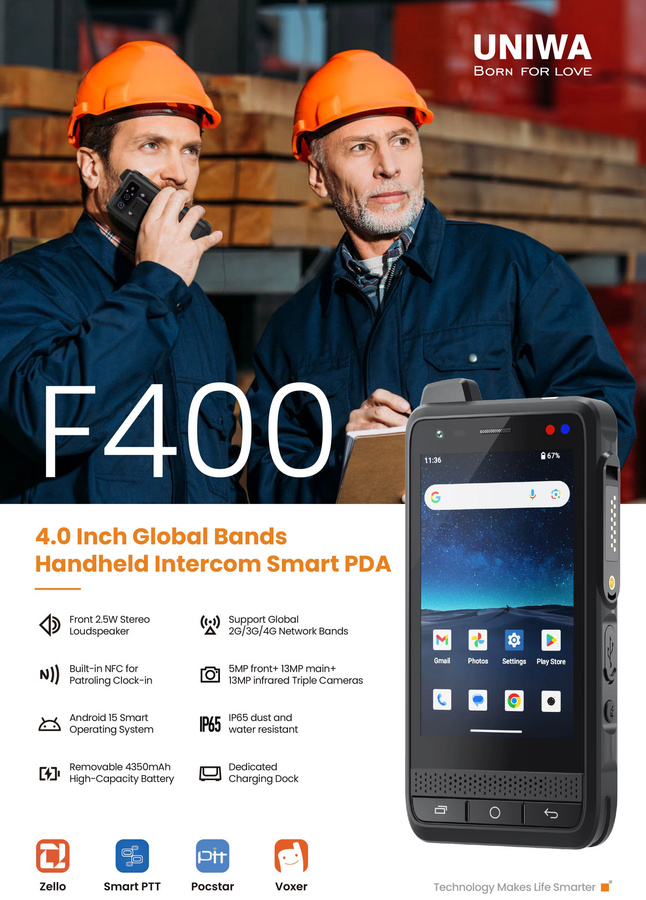 UNIWA F400 4G Robustes Android Smartphone Walkie Talkie mit Zello PTT Funktion in Schwarz - Bild 4