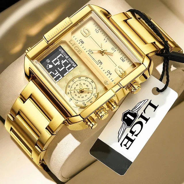 LIGE Armbanduhr, Quarz, Gold, Edelstahl, Eckig, Herren - Bild 1