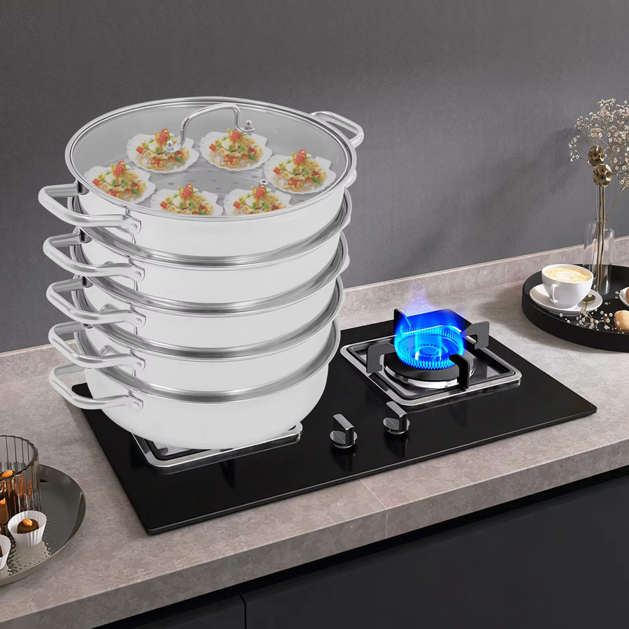 Bymaocar 5-stufiger Dampfkocher aus Edelstahl in Silber, 32 cm Dampftopf mit 4 Dampftabletts und Deckel für Fleisch und Gemüse - Bild 2