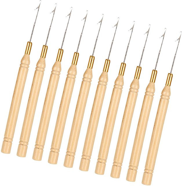 Shoemst Haken Nadel mit Holzgriff für Haarverlängerung und Perücken, 10 Stück, beige - Bild 1