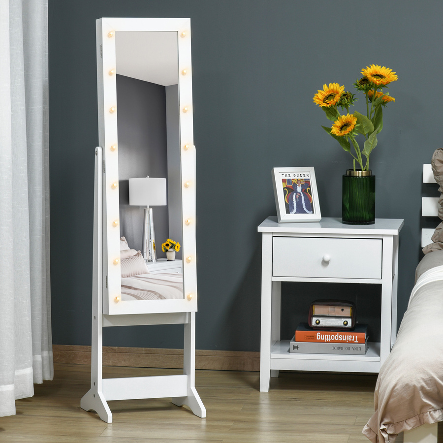 HOMCOM LED Schmuckschrank mit Spiegel und integrierter Beleuchtung, Standspiegel mit Schmuckregal und Schubladen, Cremeweiß, Höhe: 136 cm - Bild 2