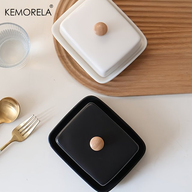 KEMORELA Keramik-Butterdose mit Deckel und Wasserverschluss, rechteckige Käseaufbewahrungsbox aus Keramik in Schwarz oder Weiß, B/T/H: 14,9 x 7,5 x 7,5 cm - Bild 1