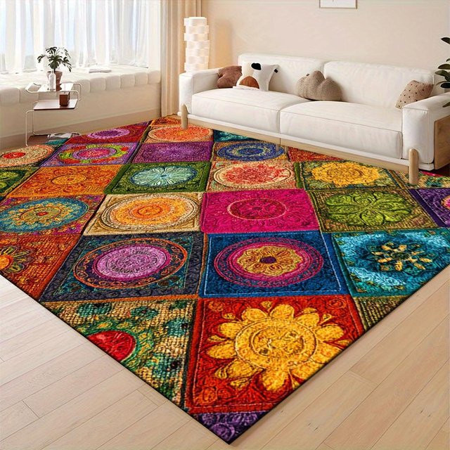 Karpetti Bereichsmatte mit buntem Blumenmuster im Bohème-Stil, Rot Blau Grün, B/T: 40 x 60 cm - Bild 1