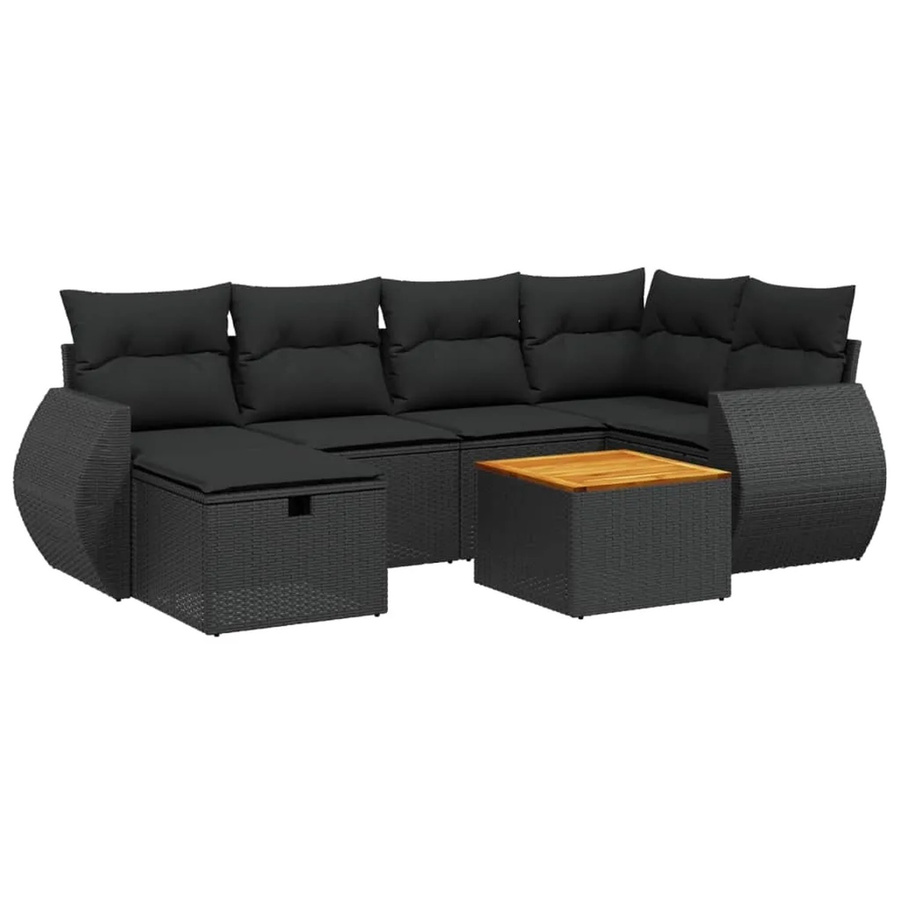 vidaXL 7-teilige Garten-Sofagarnitur in L-Form aus schwarzem Poly-Rattan mit Kissen und pulverbeschichtetem Stahlgestell - Bild 2