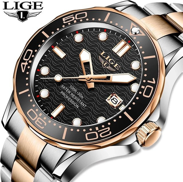 LIGE Armbanduhr Quarz, Edelstahl, Schwarz, Bicolor, Herren, 3 ATM - Bild 1