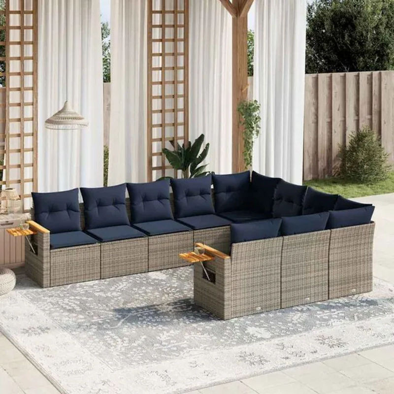 10-teilige moderne Garten-Sofagarnitur aus Poly-Rattan mit Kissen in Grau von vidaxl - Bild 1