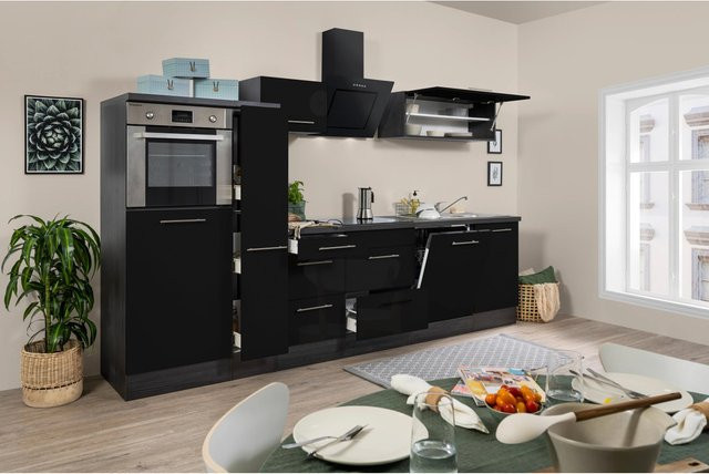 Respekta Premium Küchenzeile modern in Schwarz Hochglanz und Eiche Grau mit Soft-Close-Türen und Schubladen, Breite: 310 cm, Höhe: 91 cm, Tiefe: 6 cm - Bild 1