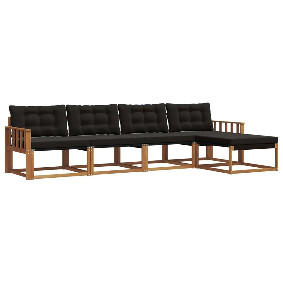vidaXL Outdoor-Sofagarnitur 5-tlg. aus Akazienholz mit Textilene und Kissen, Natur und Schwarz - Bild 2