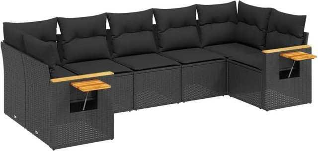 vidaXL 7-tlg Garten-Sofagarnitur in L-Form aus Poly-Rattan und Akazienholz mit Kissen, Schwarz - Bild 1