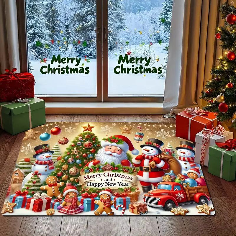 VIKAMA Weihnachts-Bodenmatte aus Flanell mit Weihnachtsmann, Schneemann und Rentier-Design in Multicolor, maschinenwaschbarer Druckteppich für Wohnzimmer, Flur oder Badezimmer - Bild 5
