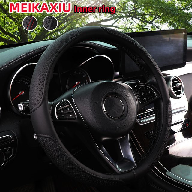 MEIKAXIU Stereo-Lenkradabdeckung aus geprägtem PU-Leder mit Gummiring in Schwarz für 14,5-15 Zoll Autoinnenraum - Bild 1