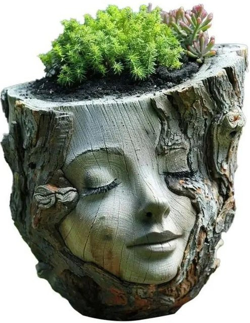 Fengchou Handgemachter Blumentopf in Form eines Mädchengesichts aus Harz, Grau, B/T/H: 13,0 x 12,5 x 13,0 cm - Bild 1
