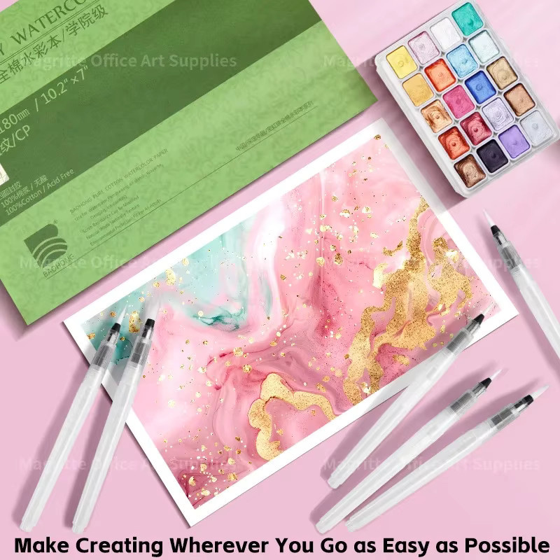 46-teiliges Metallic-Aquarellfarben-Set mit Wasserpinselstiften und Papierblock in Multicolour für professionelle Künstler - Bild 3