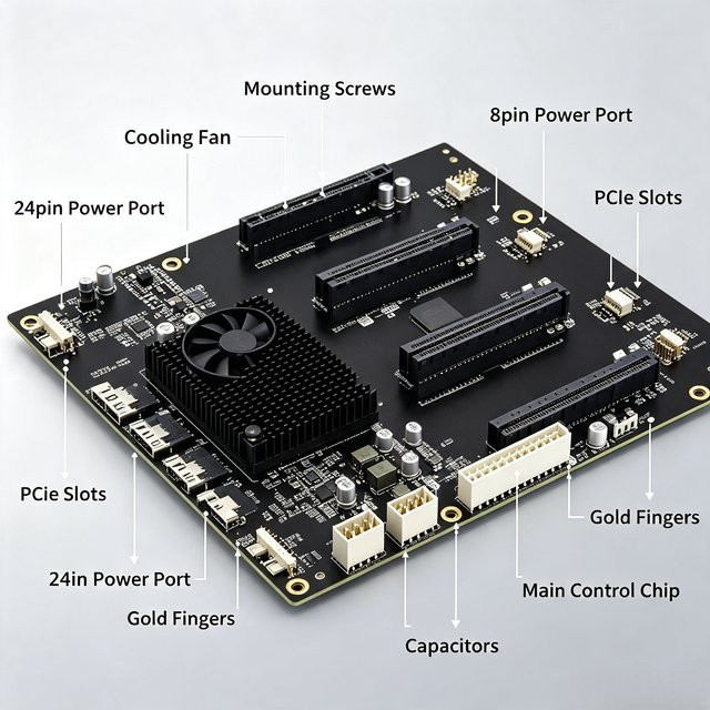 PCIe 4.0 GPU-Erweiterungskarte mit PLX88096 Chip für 4 GPUs und U.2-Transferadapter, Schwarz, 65mm Abstand - Bild 1