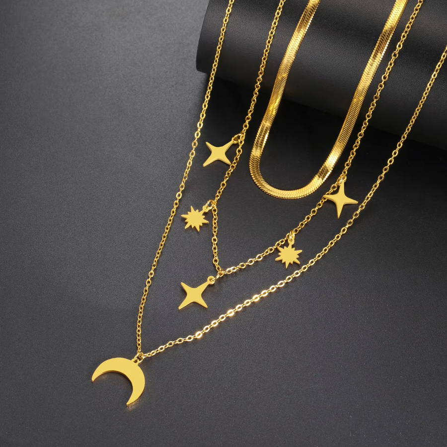 Skyrim Mond-Stern-Anhänger, Mehrlagige Halskette, Edelstahl, Gold, Damen - Bild 2