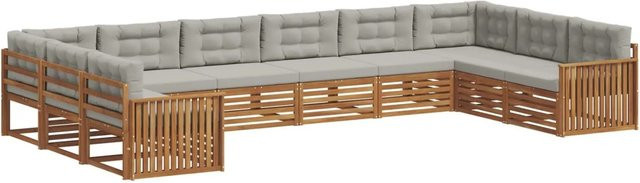 vidaXL Sofagarnitur aus Massivholz Akazie in Natur und Hellgrau, 10-teiliges Set mit Polsterung und Kissen im modernen Latten-Design - Bild 1