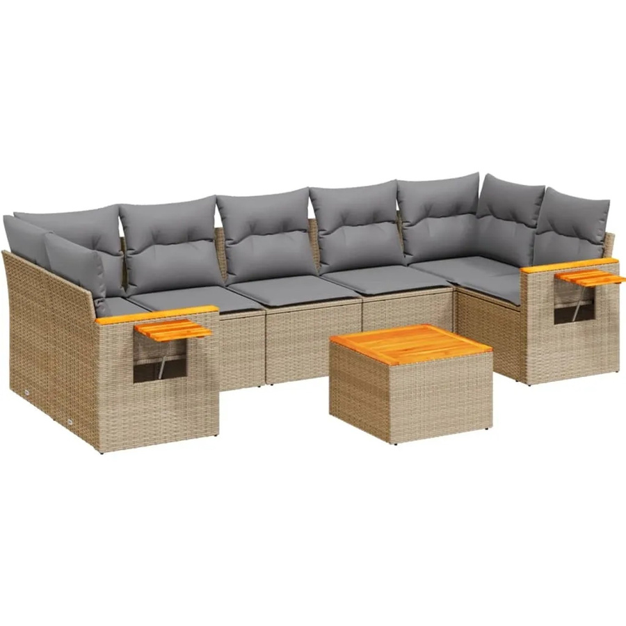 vidaXL 8-teilige Garten-Sofagarnitur in L-Form aus PE-Rattan und Akazienholz mit Kissen in Beige-Grau - Bild 2