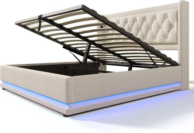Merax Polsterbett mit LED-Unterbettbeleuchtung und USB-C Anschluss, Beige, B/T/H: 140 x 200 x 41,62 cm - Bild 1