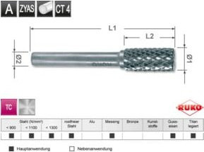 RUKO Hartmetall Frässtift Form A Zylinder ZYA mit Stirnverzahnung in Silber, Durchmesser: 6 mm - Bild 1