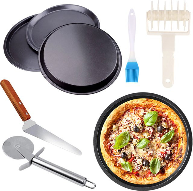 ZYF Pizza Backen Set aus Kohlenstoffstahl mit Antihaft-Beschichtung in Schwarz inklusive Teigroller, Pizzaschneider, Pizzaschaufel und Pinsel - Bild 1