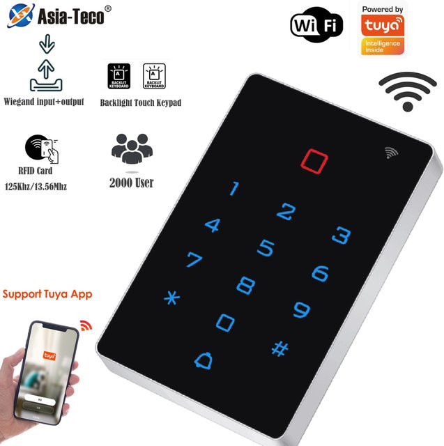 Asia-Teco Intelligentes Zugangskontrollsystem WG26/34 mit Tuya App WiFi Unterstützung, Regenfester Touch-Alarm-Tastatur-Controller in Schwarz - Bild 1