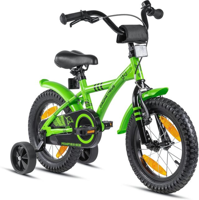 PROMETHEUS BIKES Kinderfahrrad 14 Zoll mit Stützrädern und Rücktrittbremse Grün ab 4 Jahren - Bild 1