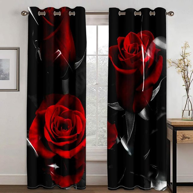 2er-Set Luxus Fenstervorhänge mit rotem Rosen-Design und Gold-Akzenten, semi-transparent, B: 60 cm x H: 60 cm - Bild 1