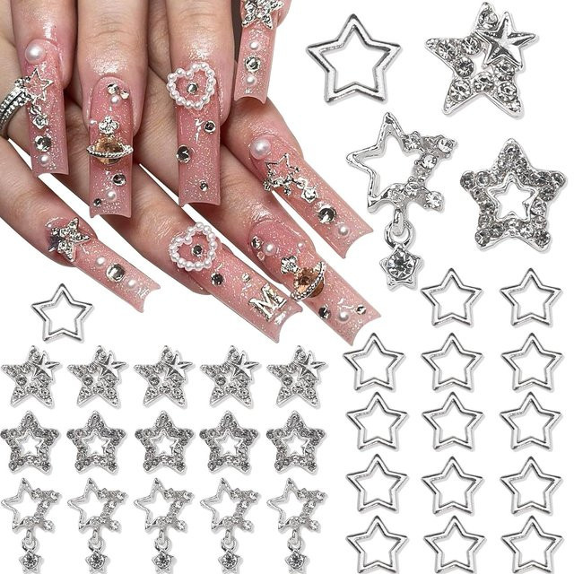 Stern-Nagelcharms 3D, 25 Stück, Silberne Sterne, Kristall, Unisex - Bild 1