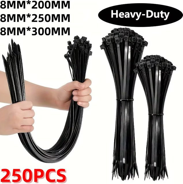 250 Stück Hochleistungs-Kabelbinder aus schwarzem Nylon mit 8 mm Breite - Bild 1